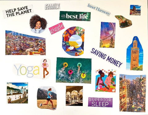 A vision board displaying photos and headlines from newspapers and magazines 