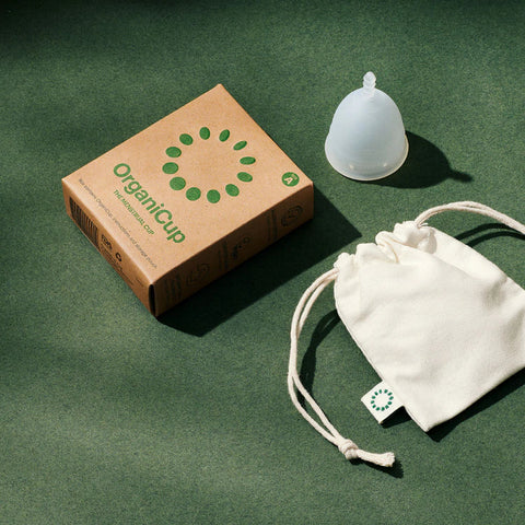 Organicup menstrual cup, packaging and cloth bag