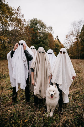 A group of people wearing homemade ghost costumes (white sheets with sunglasses on)