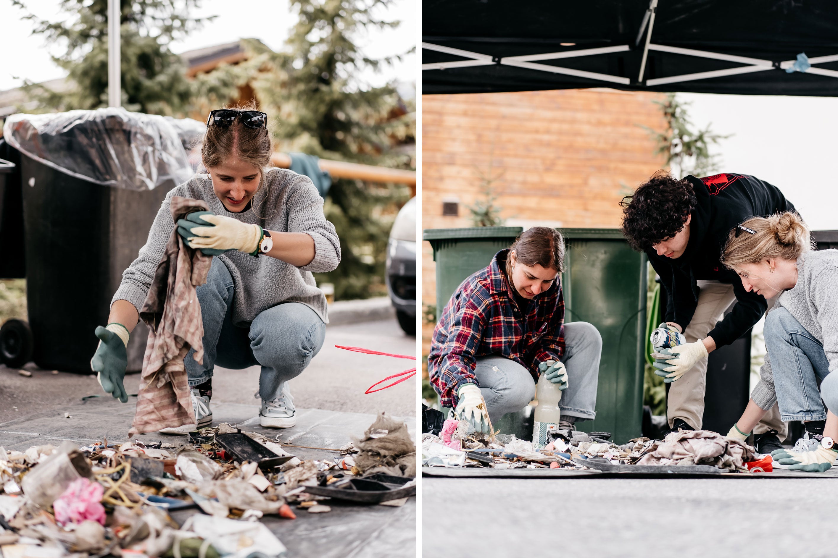 two women and one man sorting through rubbish