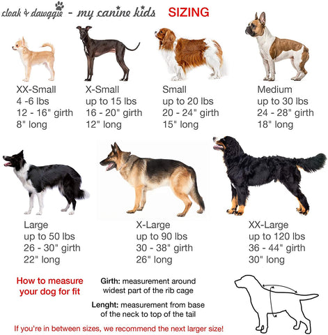 sweater size chart showing breeds