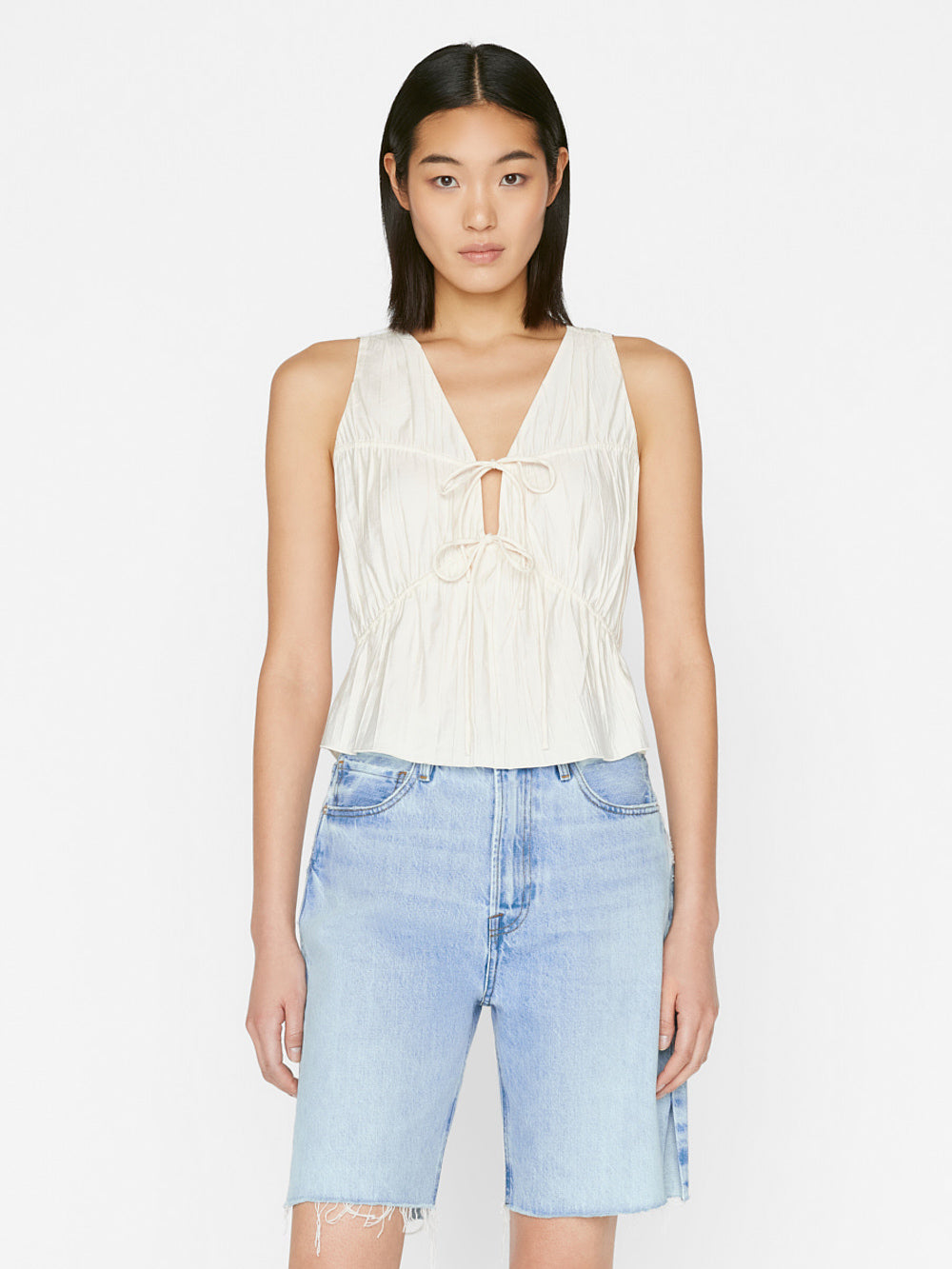 -denim Cinched Crinkle Tank Off White