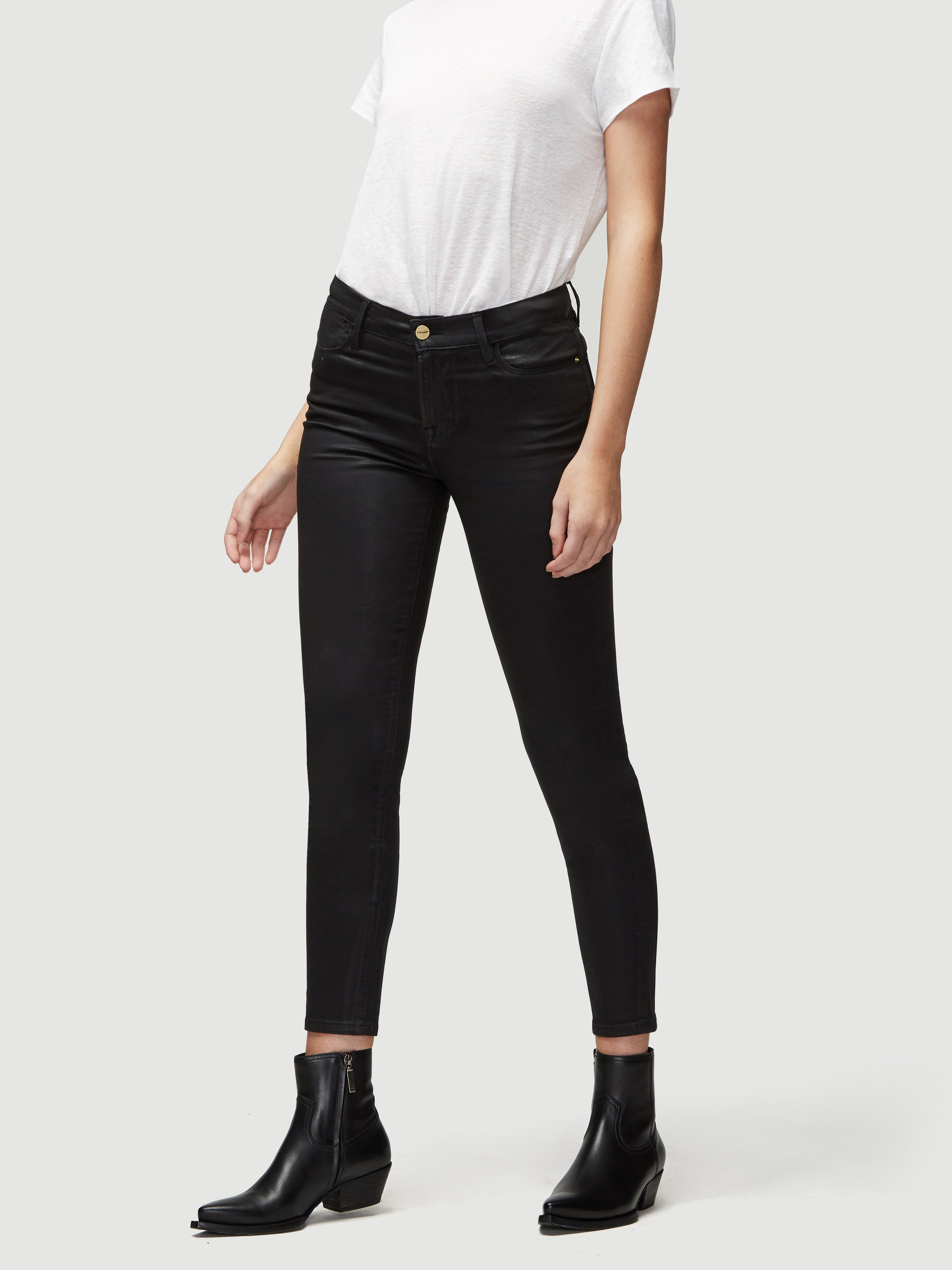 high waisted black waxed jeans