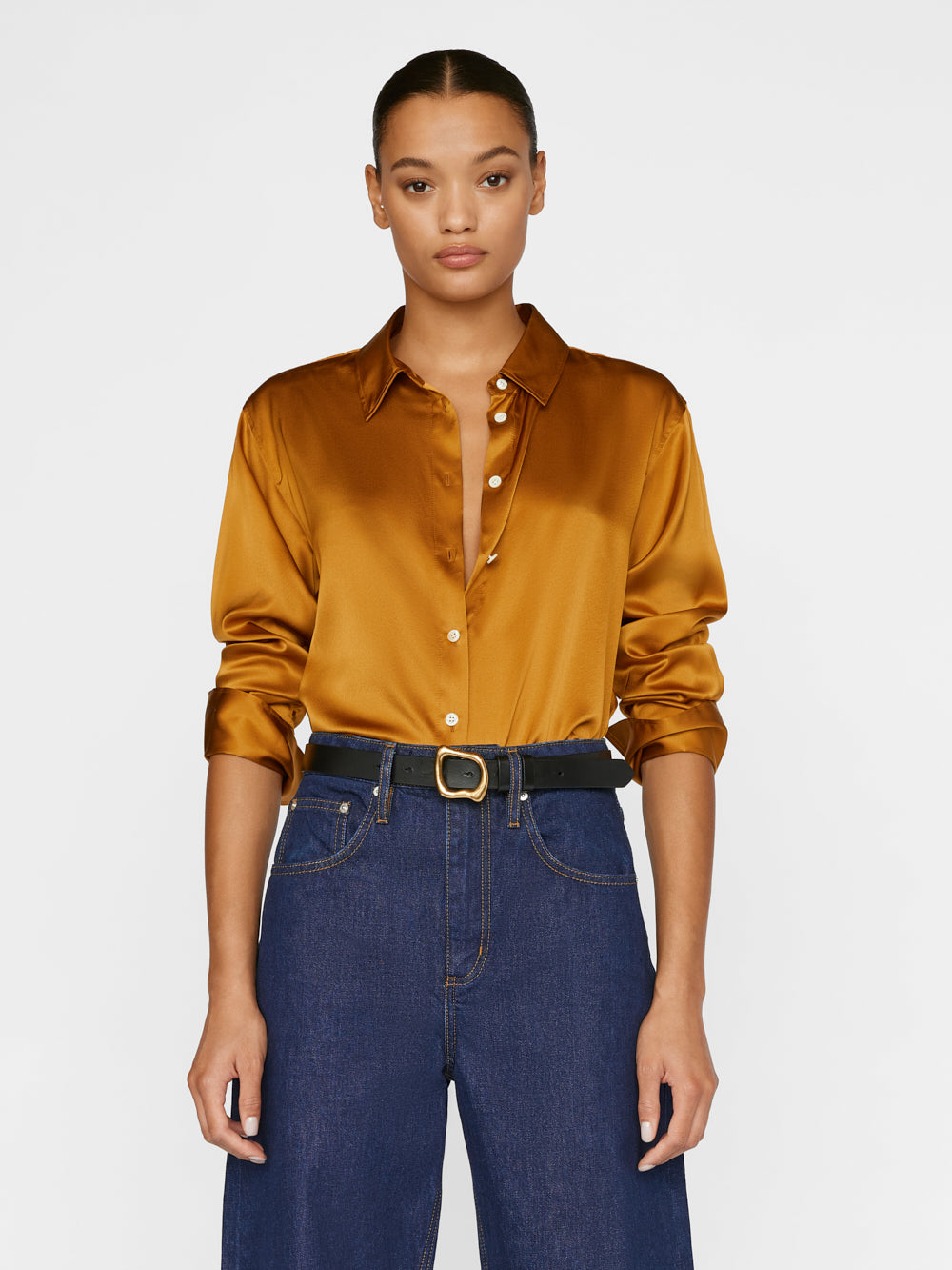 Frame The Standard Silk Button-front Shirt In Ochre
