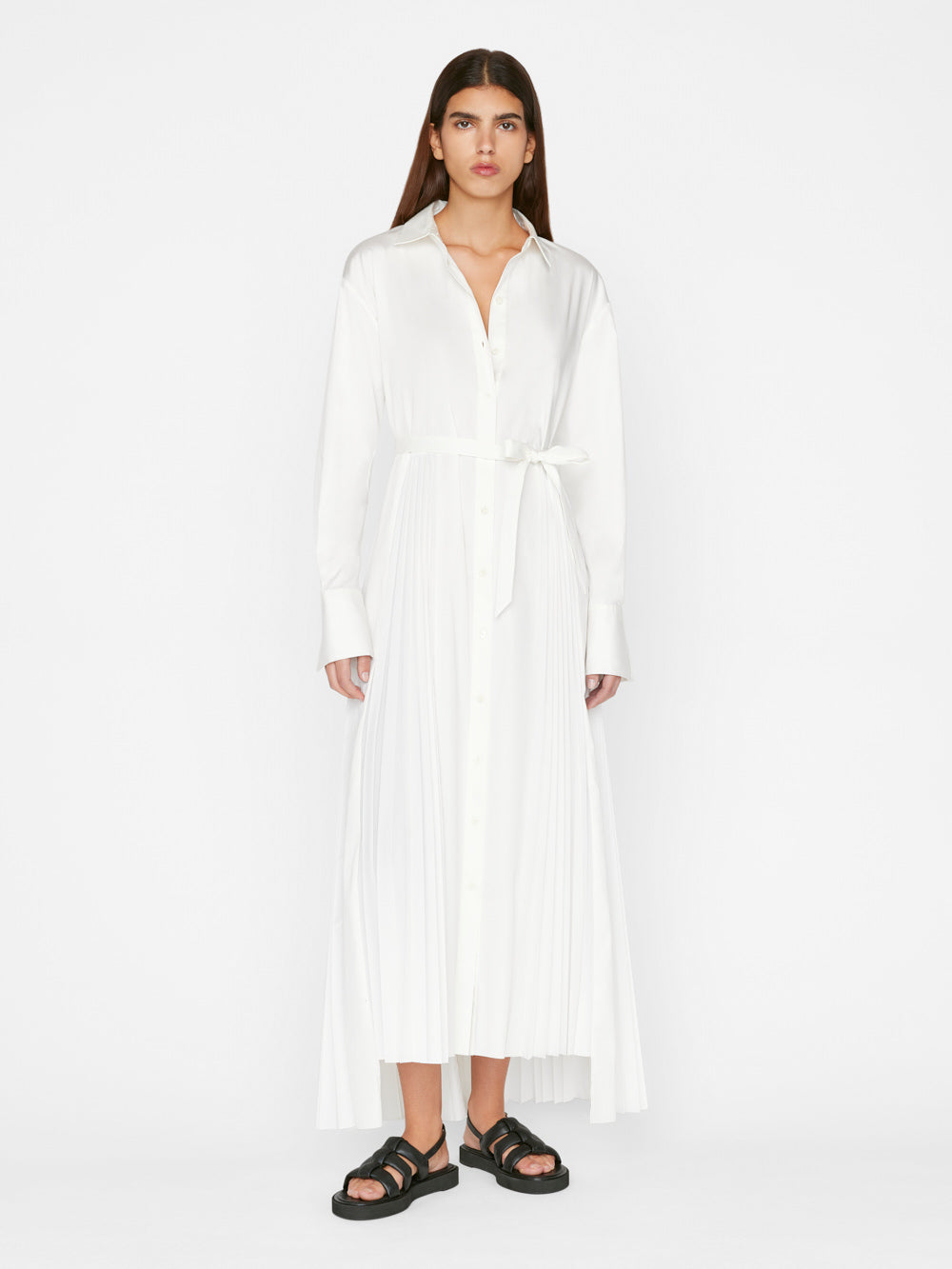 -denim Pleated Inset Maxi Dress Blanc