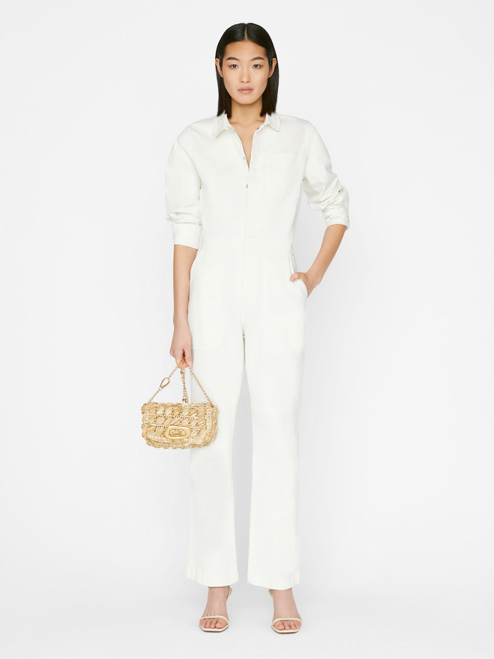 -denim Utility Straight Leg Jumpsuit Blanc