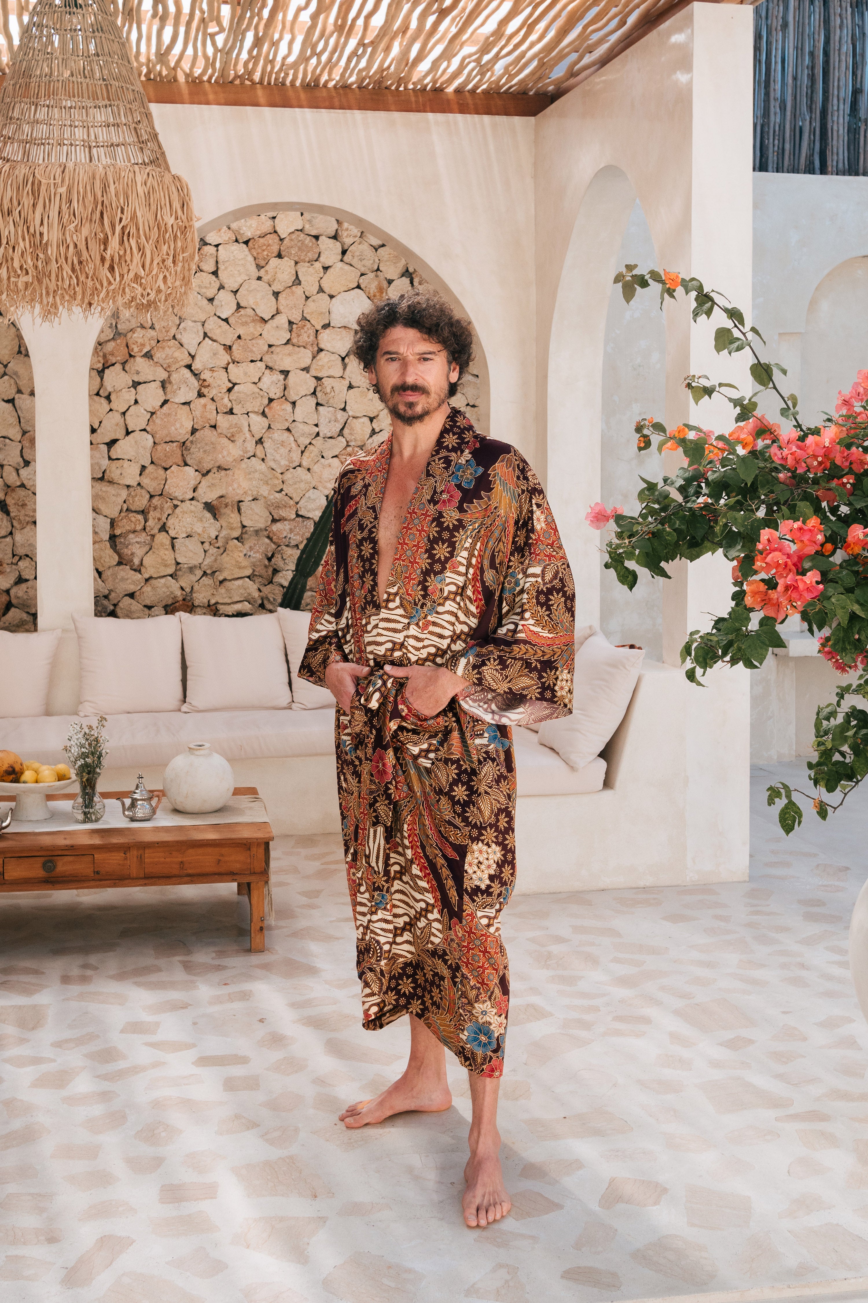 Men's Long Silk Kimono Robe handmade in Bali