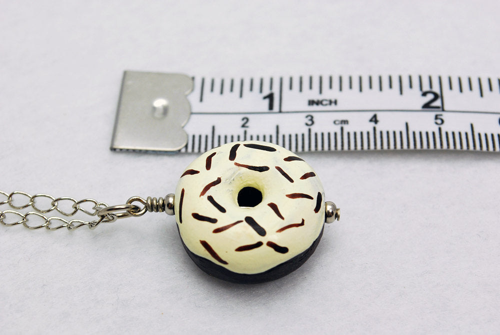 Large Vanilla Icing and Chocolate Sprinkles Ceramic Doughnut Necklace in Silver - LuvCherie Jewelry