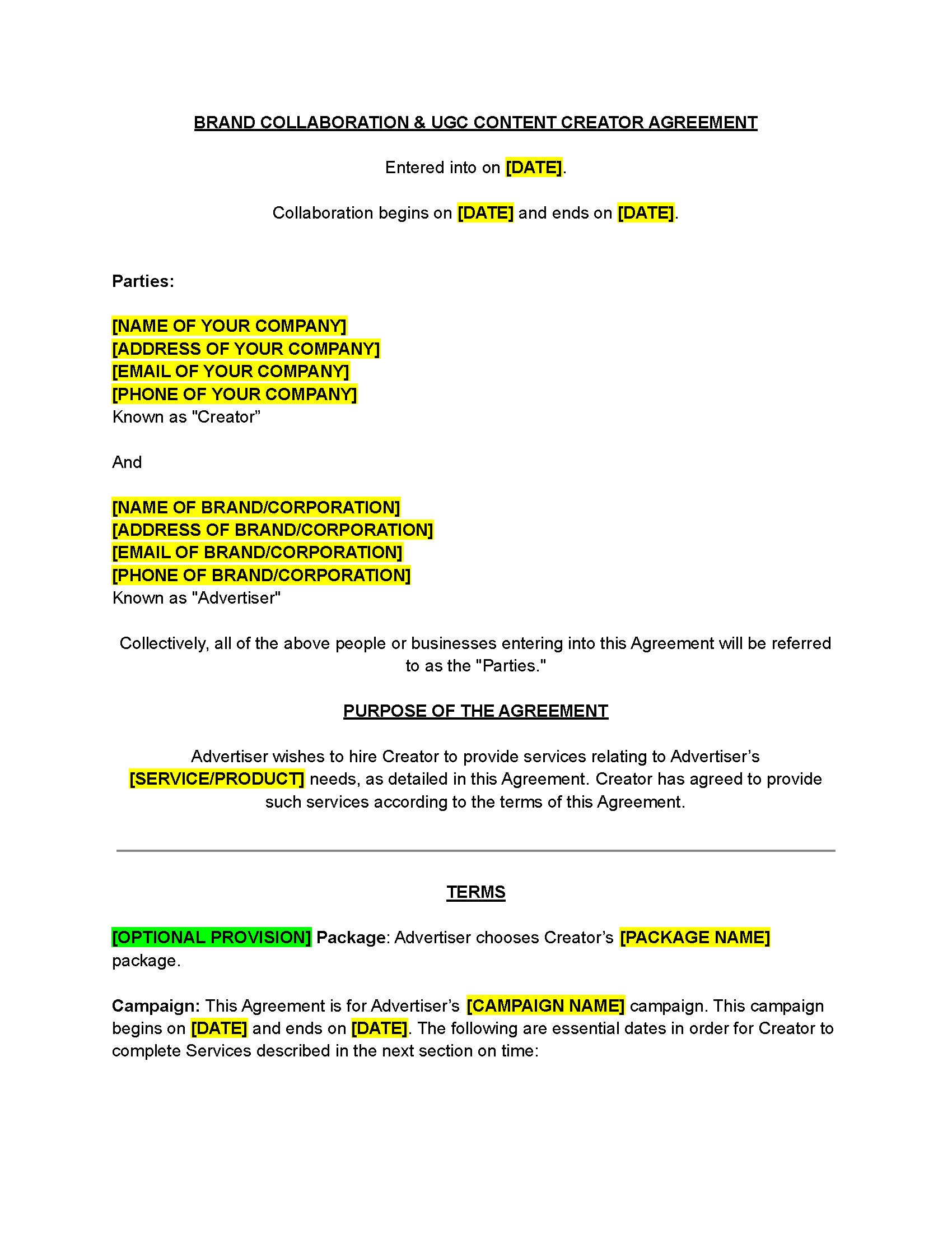 Ugc Creator Contract Template Free