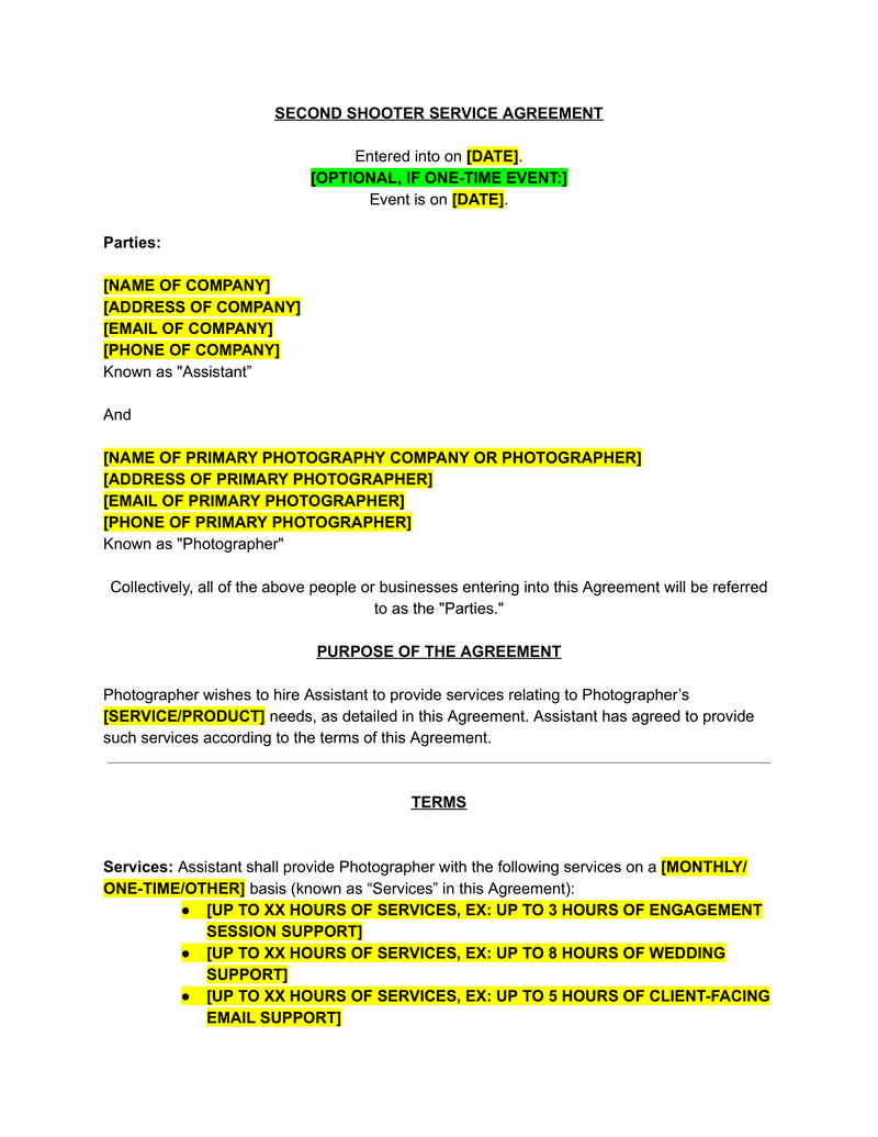 Second Shooter Photography Contract Template The Contract Shop®