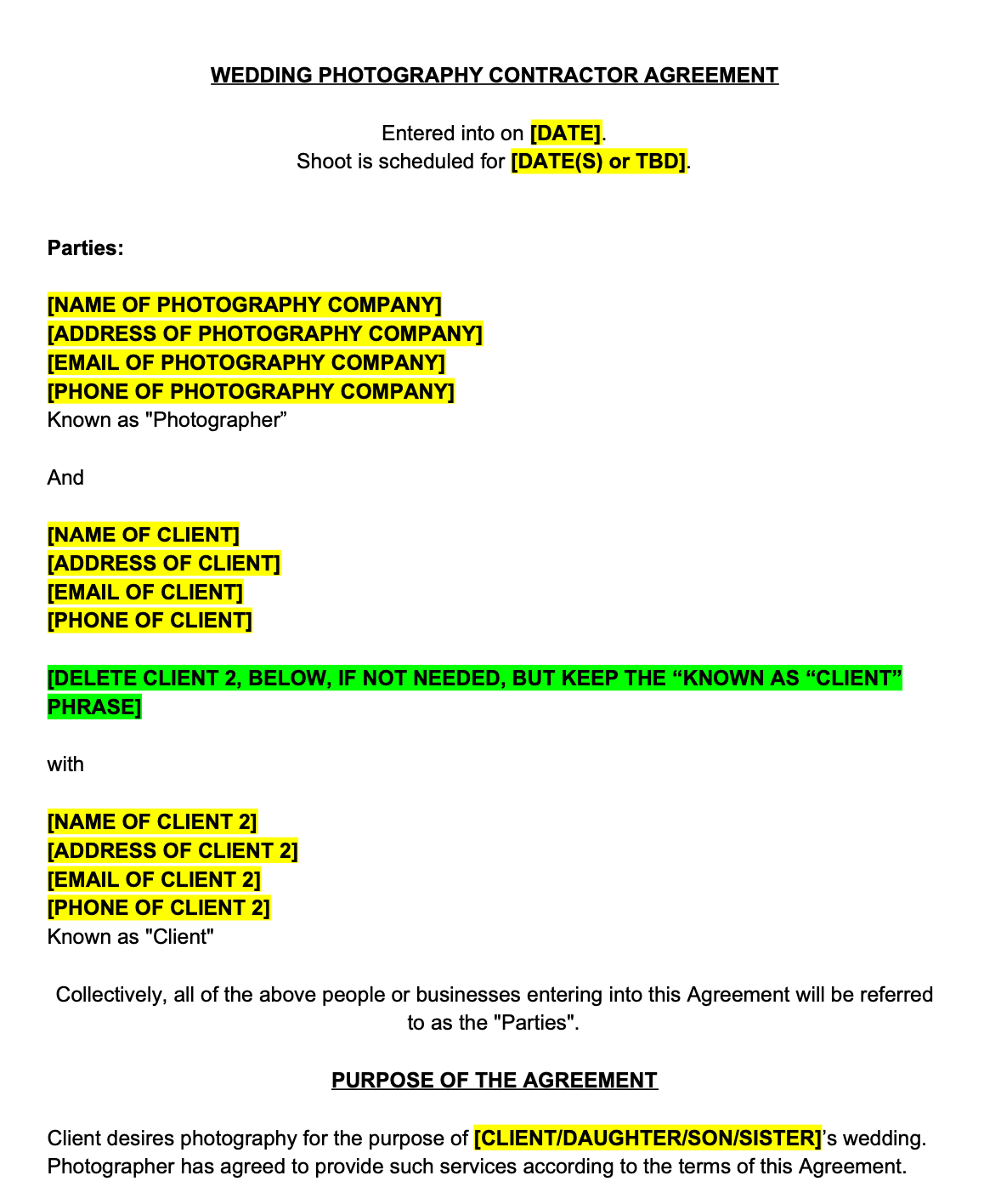 standard wedding photography contract template