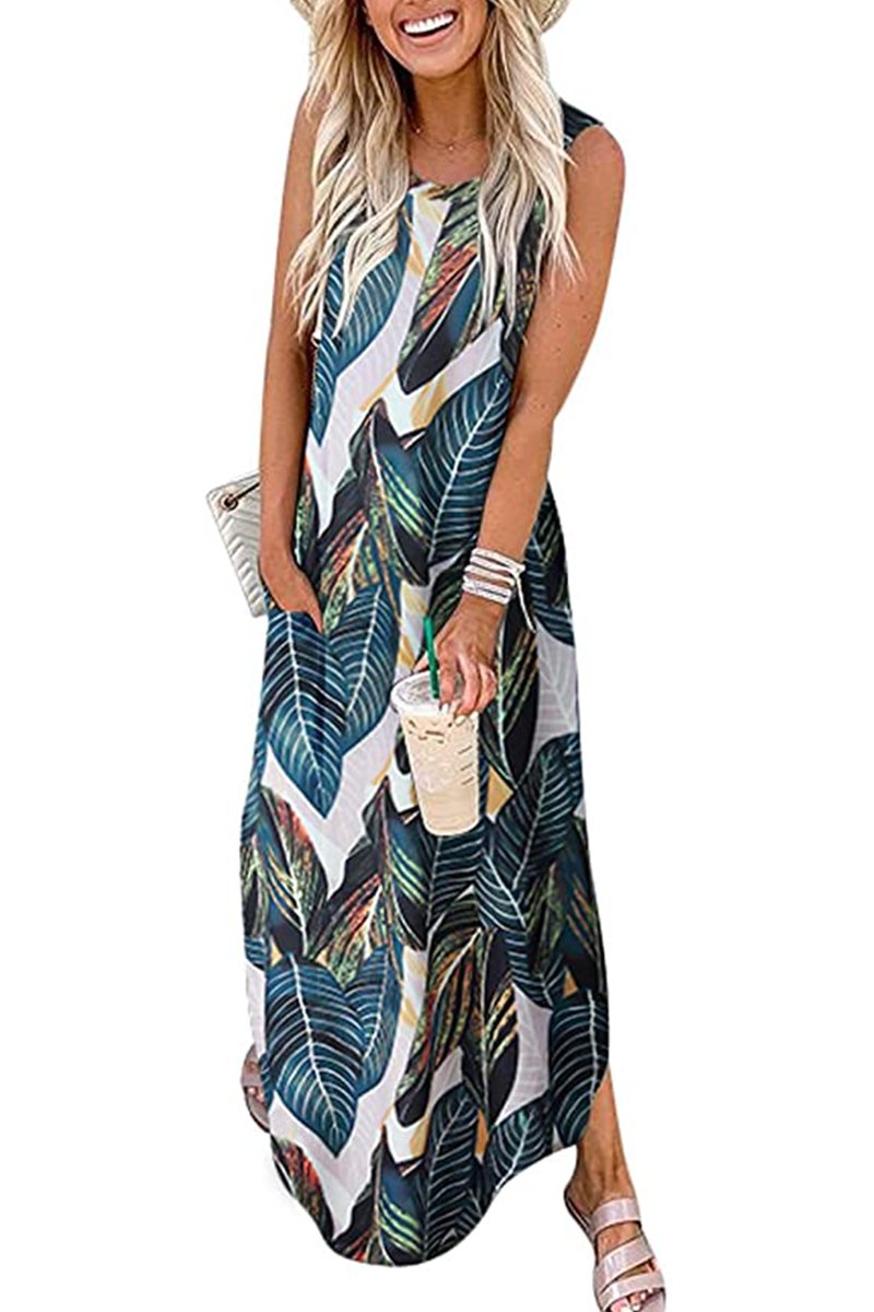 Trendy European and American tie-dye printed sleeveless side slit dress