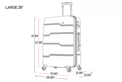 image showing the interior and exterior dimensions of the 28 inch suitcase