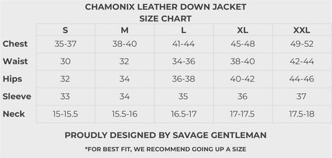 Chamonix Leather Down Jacket Size Chart