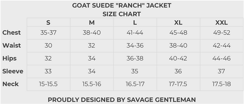 Goat Suede "Ranch" Jacket Size Chart