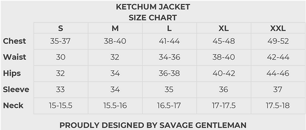 Tableau des tailles de veste ketchum pour gentleman sauvage
