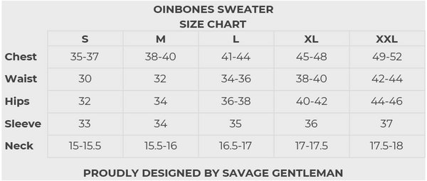 Größentabelle für Savage Gentleman Oinbones-Pullover