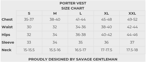 Savage gentleman porter vest maattabel