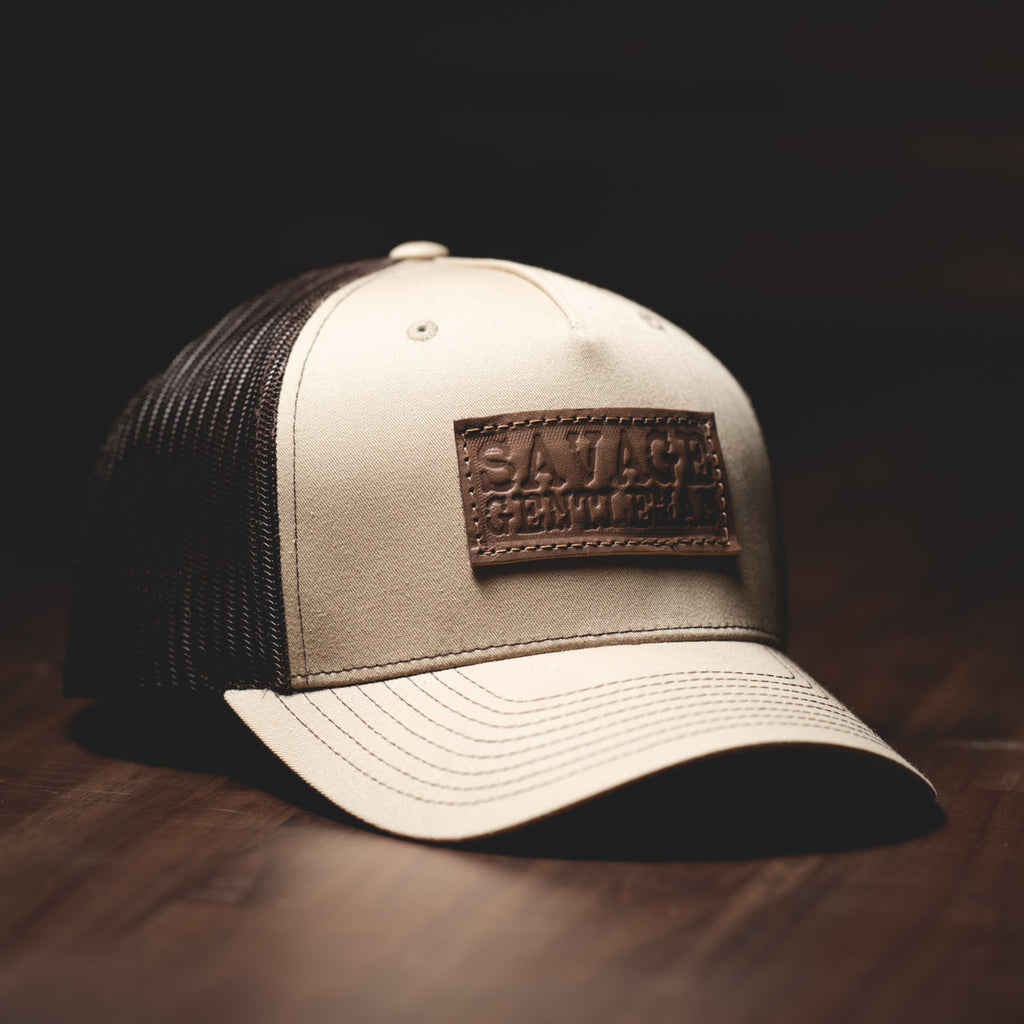 Savage Gentleman Leather Patch Trucker Hat Coffee/Sand