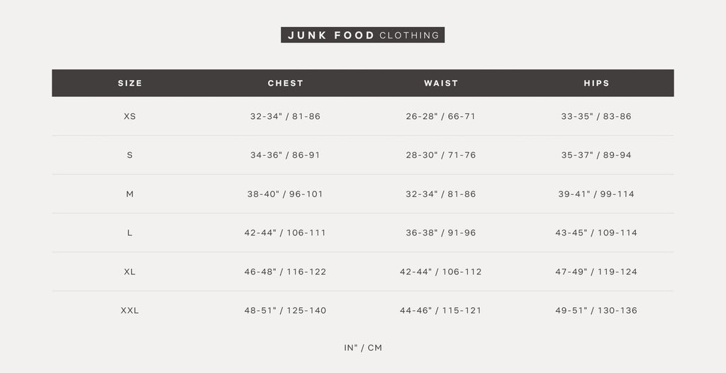 Men's Size Guide  Junk Food Clothing