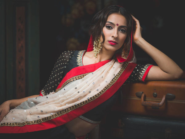 white and black tulle saree