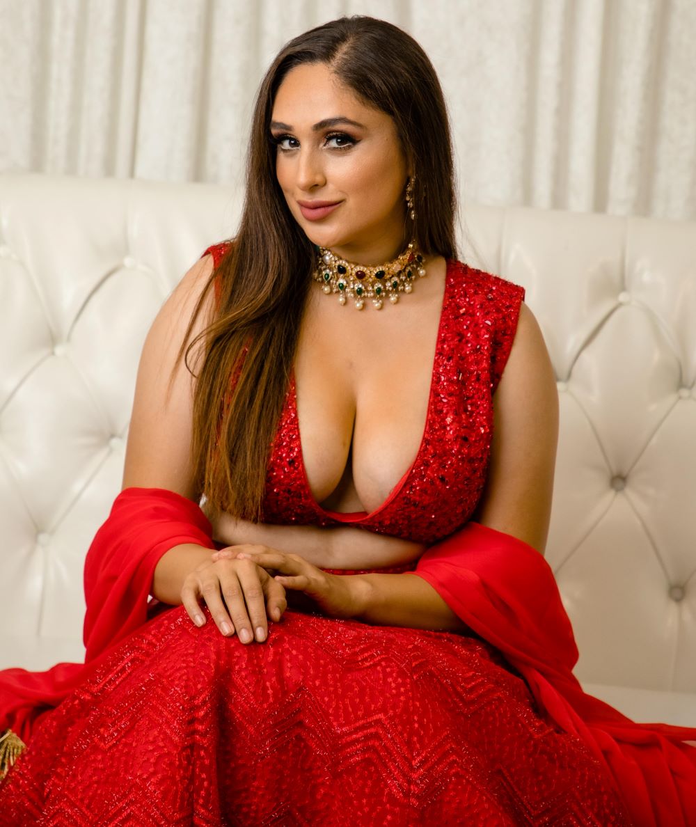 plunging neckline blouse red monochrome lengha