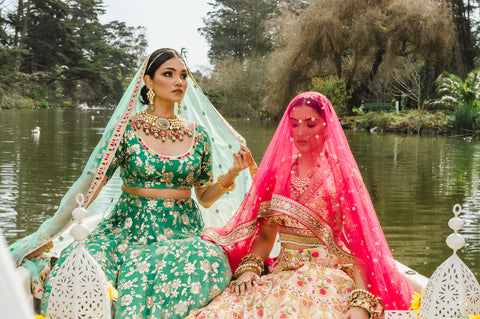 Veiled in love: The bride's journey in her exquisite Indian bridal lehenga.