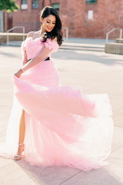 ruffle off shoulder pink tulle gown