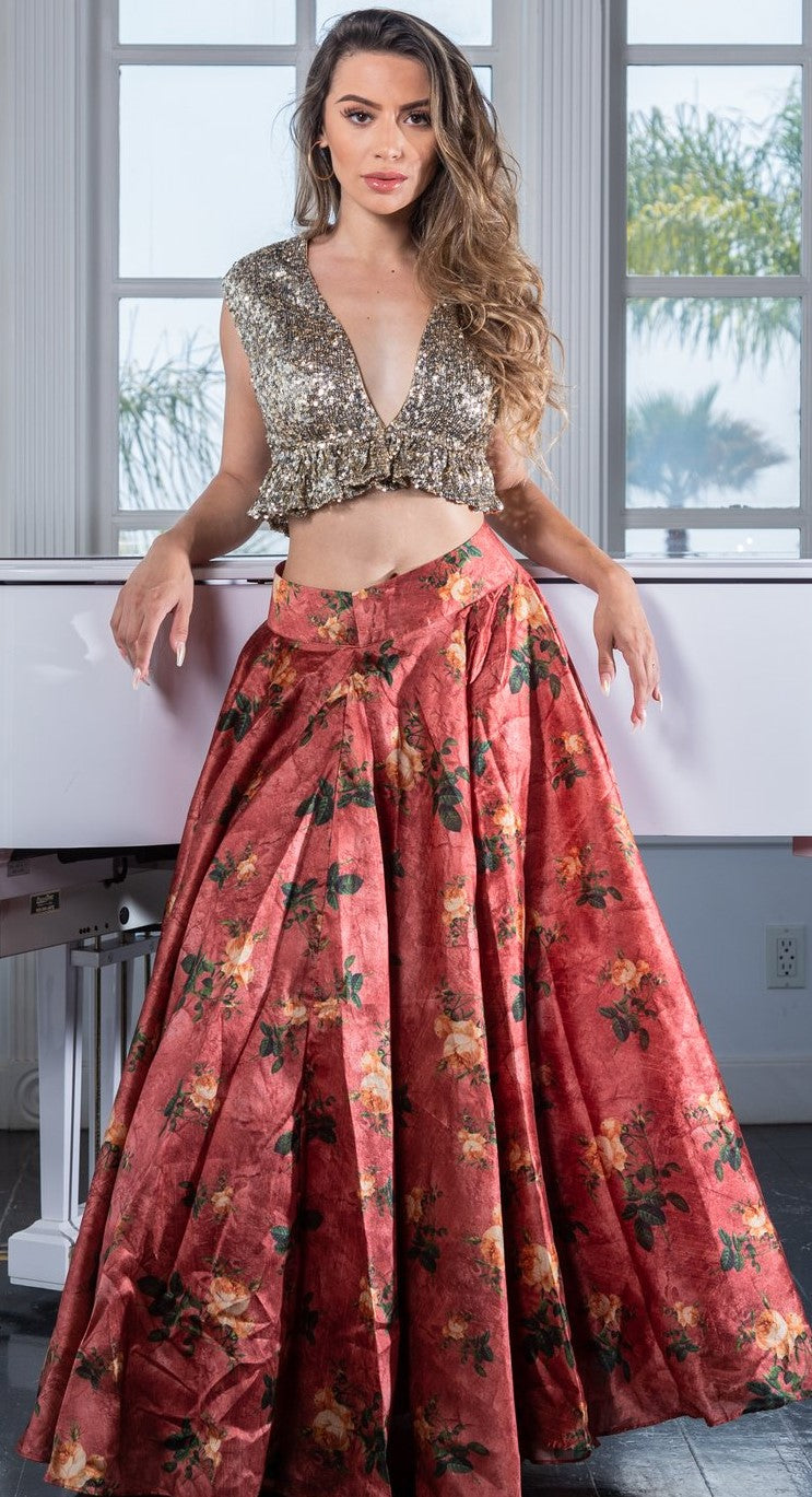 plunging neckline cocktail party shimmer blouse with floral lehenga