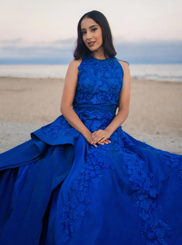 Blue Embroidered Gown w/Oyster Long Trail - Roohi – B Anu Designs