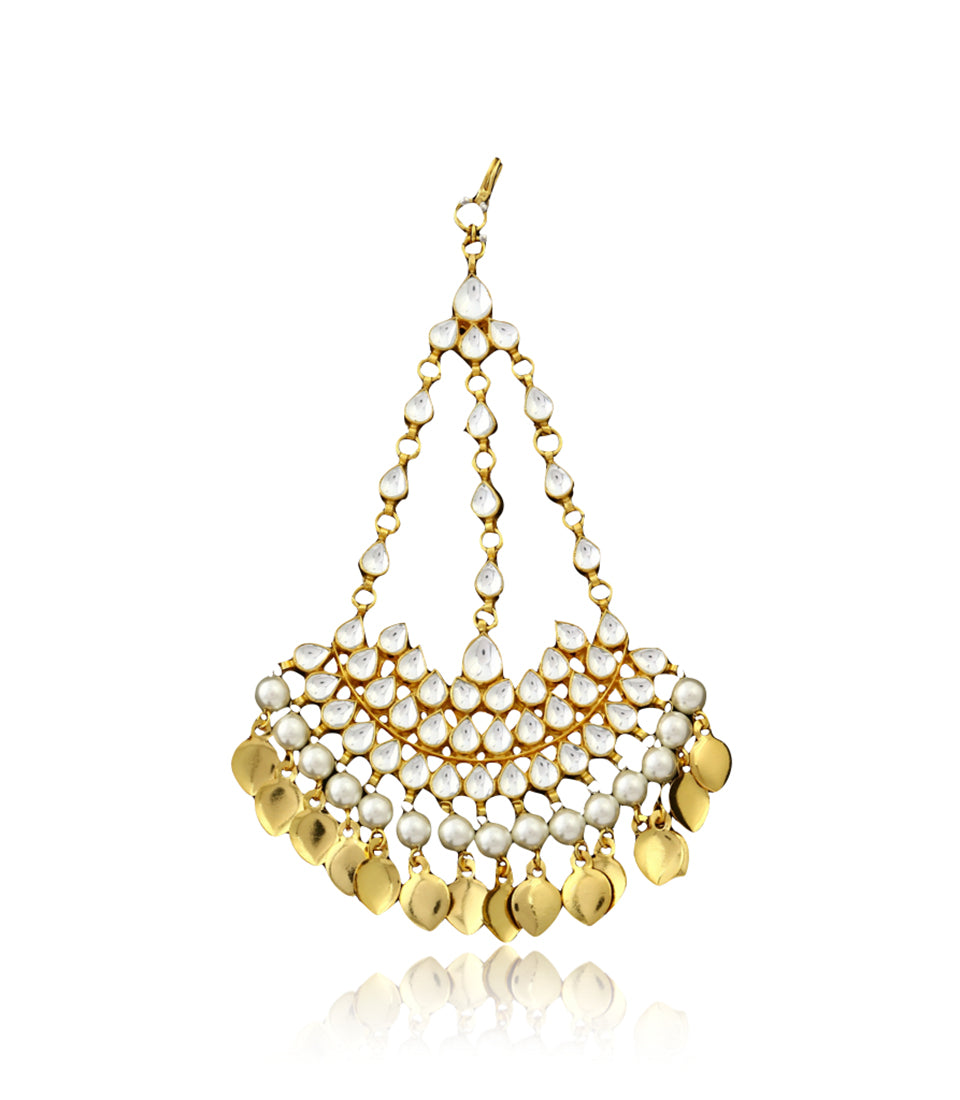 Silver Gold Plated Passa With Kundan Work & White Pearls