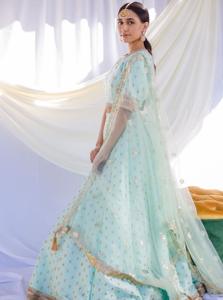 Pastel Blue Lehenga: Raw silk monochrome zardosi work lengha – B Anu ...