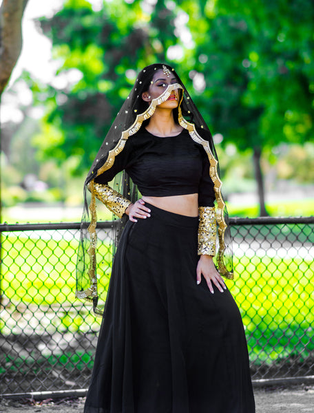 black gold lehenga for bridesmaids