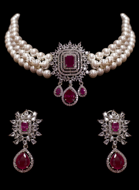 Sabyasachi Inspired Victorian Ruby Pink Diamond Pearl Choker -  Finland