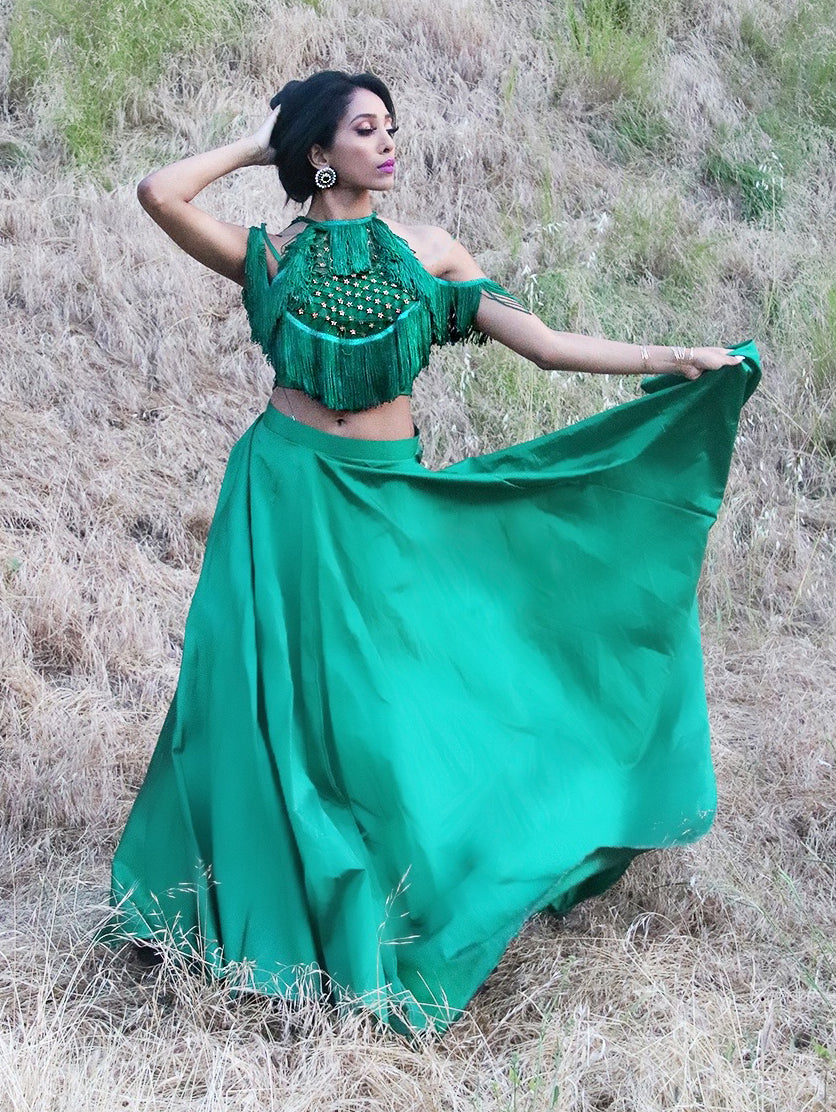 poncho blouse top with lehenga green