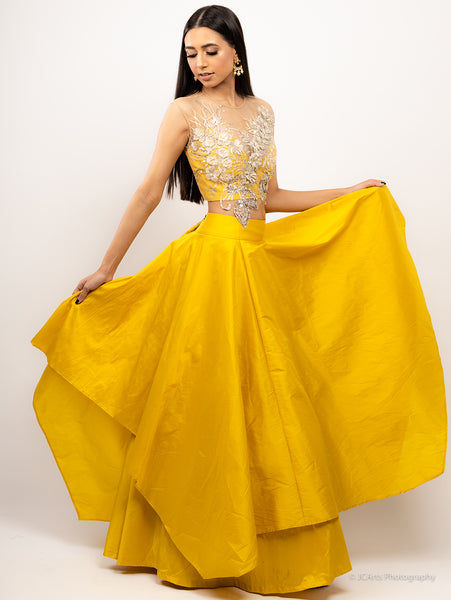 golden taffeta silk lehenga