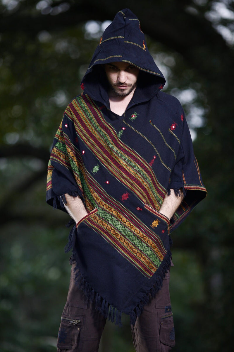 Handmade Black Poncho Cashmere wool with Big Hood - AJJAYA