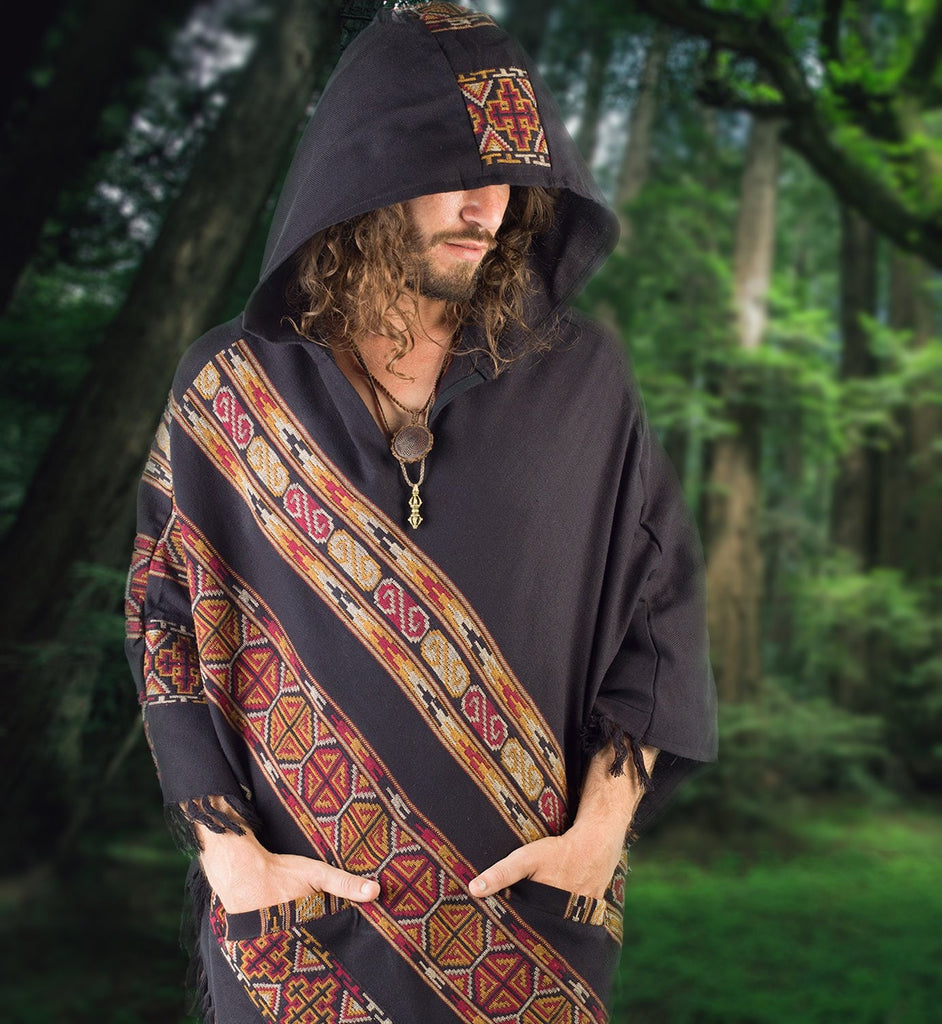 Men's Black Hooded Poncho With Celtic Embroidery - AJJAYA