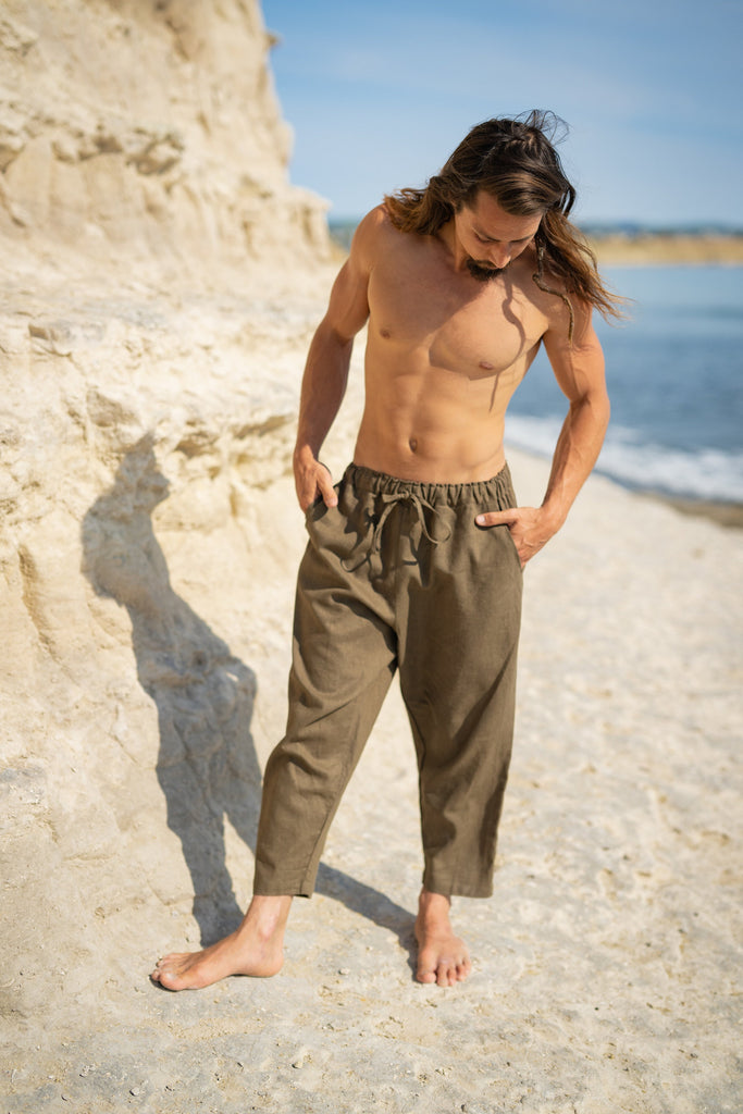 KOWI Organic Hemp Short Pants Sage Green Mens Yoga Shorts Pockets