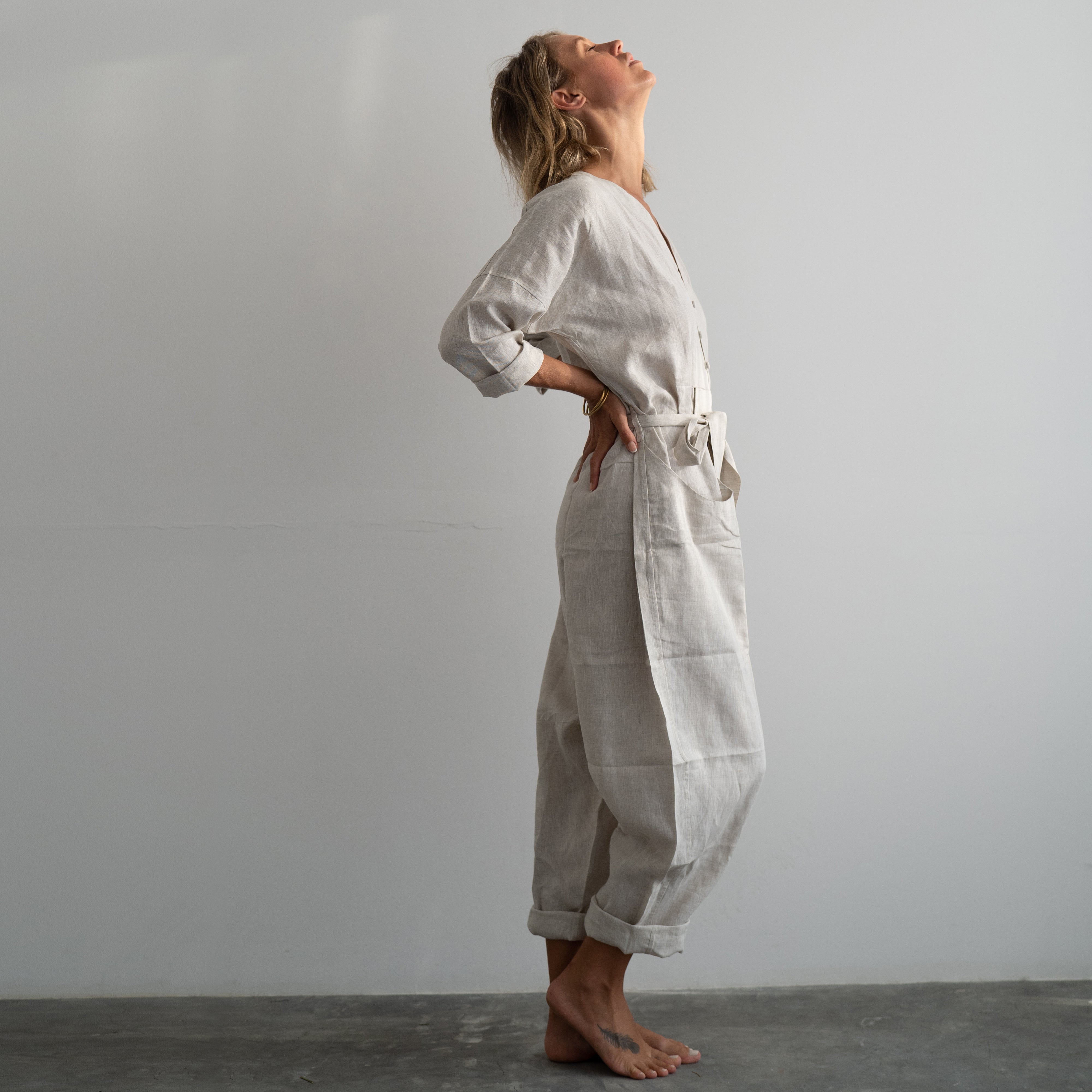 Ayelin Jumpsuit - Linen Look Relaxed 3/4 Sleeve Jumpsuit in Cream