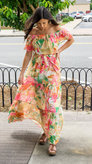 JEALOUS TOMATO Women's Dress Off Shoulder Printed Maxi Dress || David's Clothing