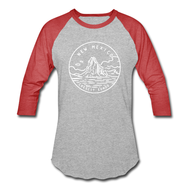 New Mexico Baseball T-Shirt - Retro Mountain Unisex New Mexico Raglan T Shirt - heather gray/red