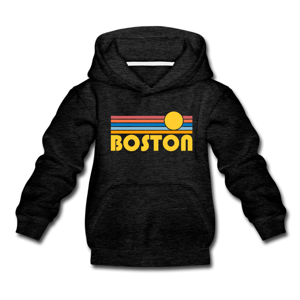 Boston, Massachusetts Youth Hoodie - Retro Sunrise Youth Boston Hooded Sweatshirt - charcoal gray