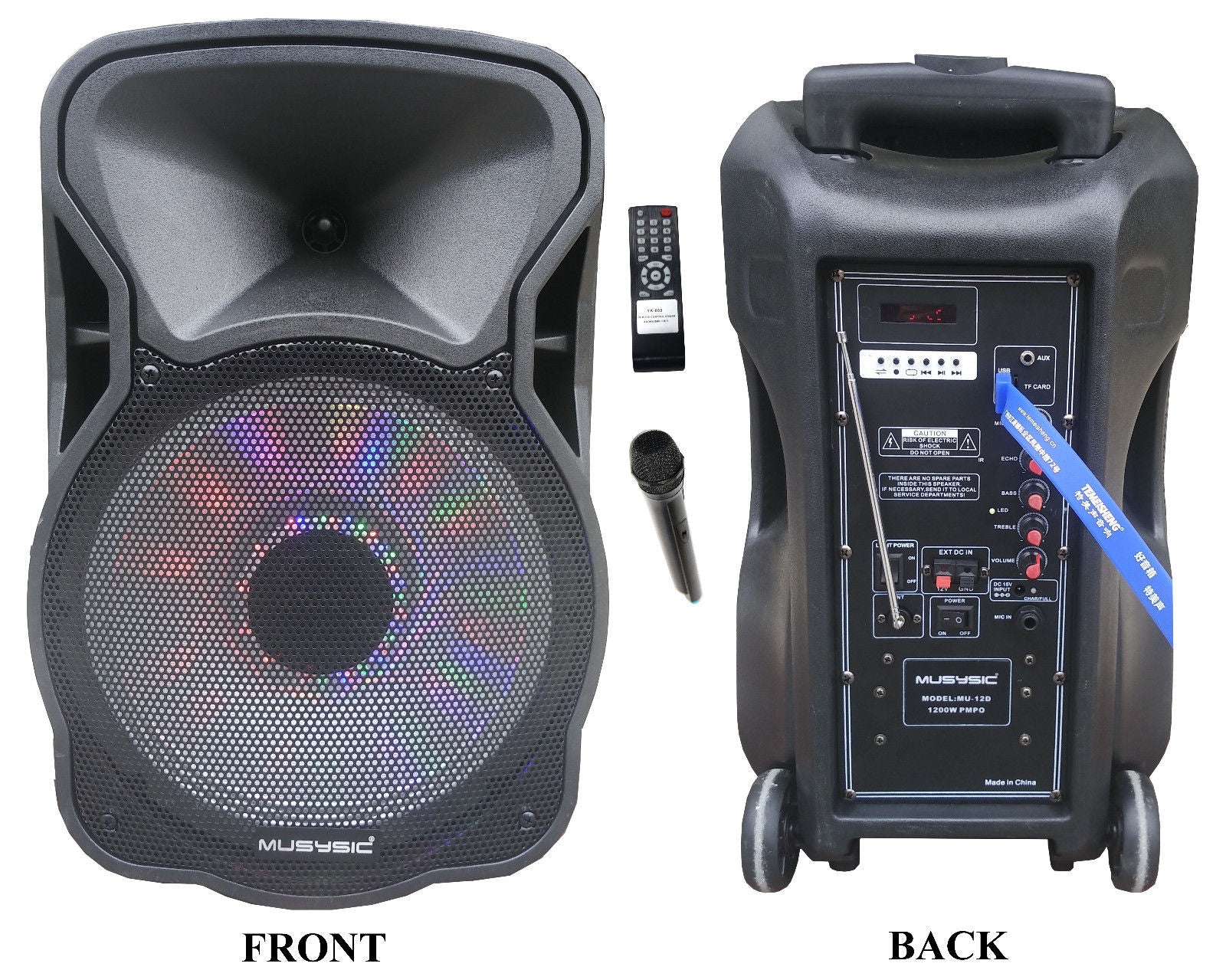 12" Portable 1200W Powered PA Speaker Wireless , Bluetooth – MUSYSIC
