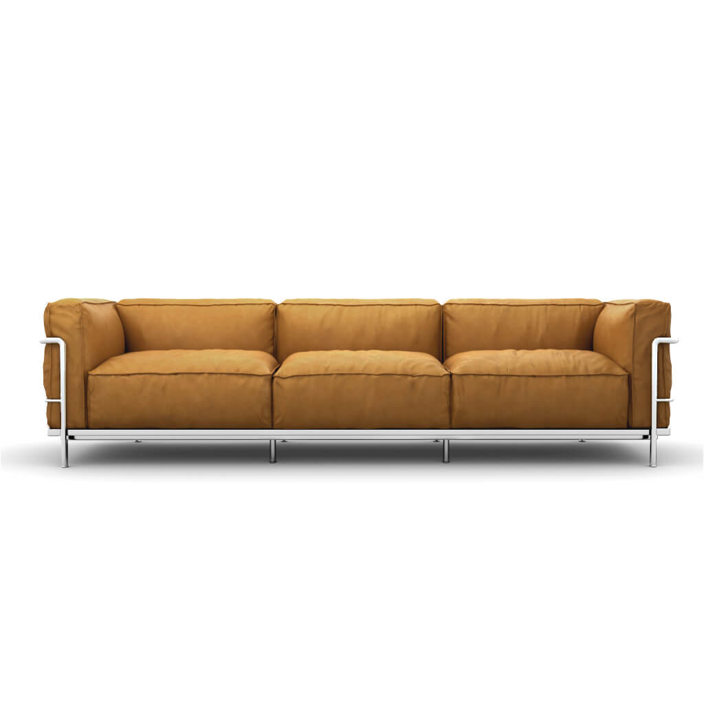 LC3 Grand Modele Three Seat Sofa With Down Cushions Top Grain Tan Chrome Steel