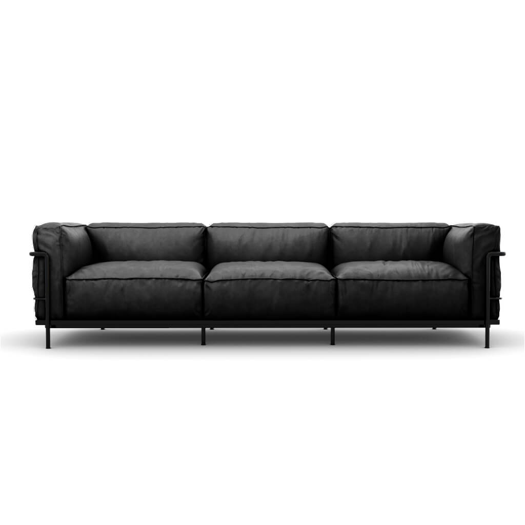 LC3 Grand Modele Three Seat Sofa With Down Cushions Aniline Black Black Powder Coated Steel