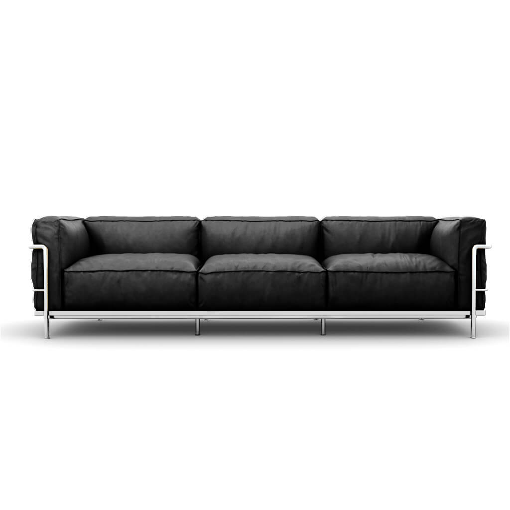 LC3 Grand Modele Three Seat Sofa With Down Cushions Aniline Black Chrome Steel
