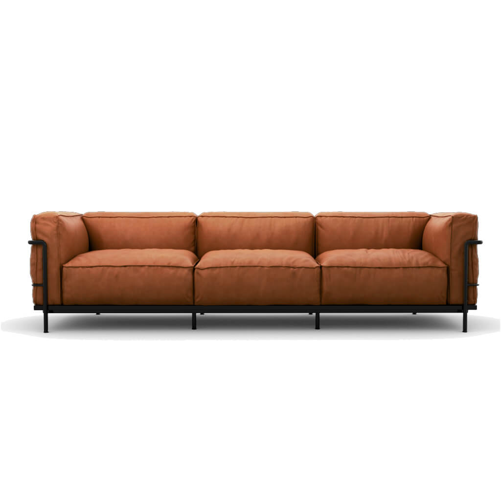 LC3 Grand Modele Three Seat Sofa With Down Cushions Vintage Brown Black Powder Coated Steel