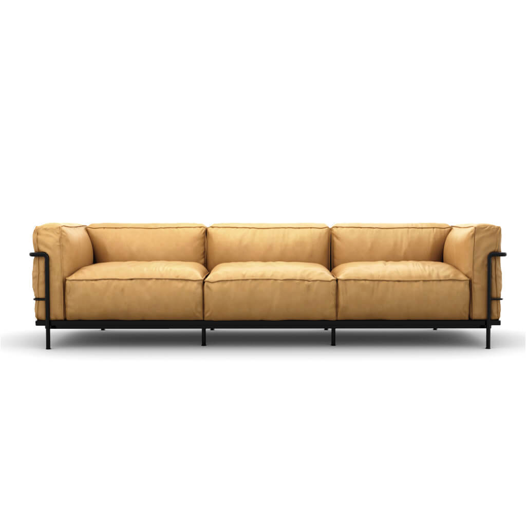LC3 Grand Modele Three Seat Sofa With Down Cushions Aniline Beige Black Powder Coated Steel