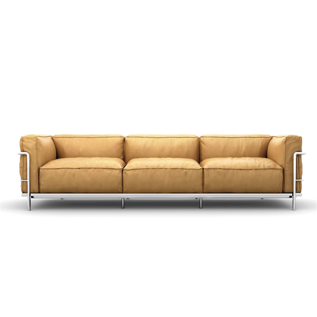LC3 Grand Modele Three Seat Sofa With Down Cushions Aniline Beige Chrome Steel